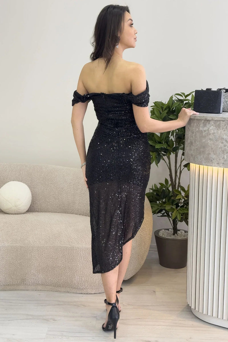 Women's Black Asymmetric Skirt Off-Shoulder Midi Sequin Evening Gown
