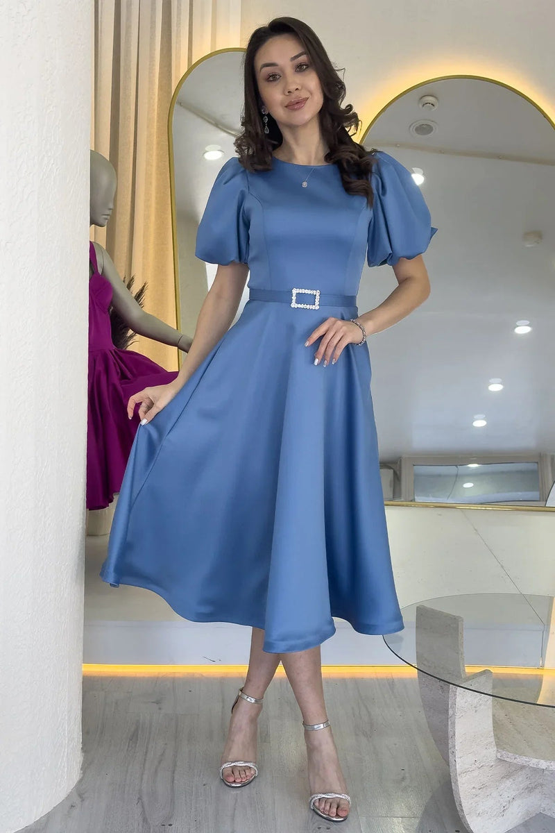 Women's Indigo Balloon Sleeve Taş Belted Midi Satin Evening Gown