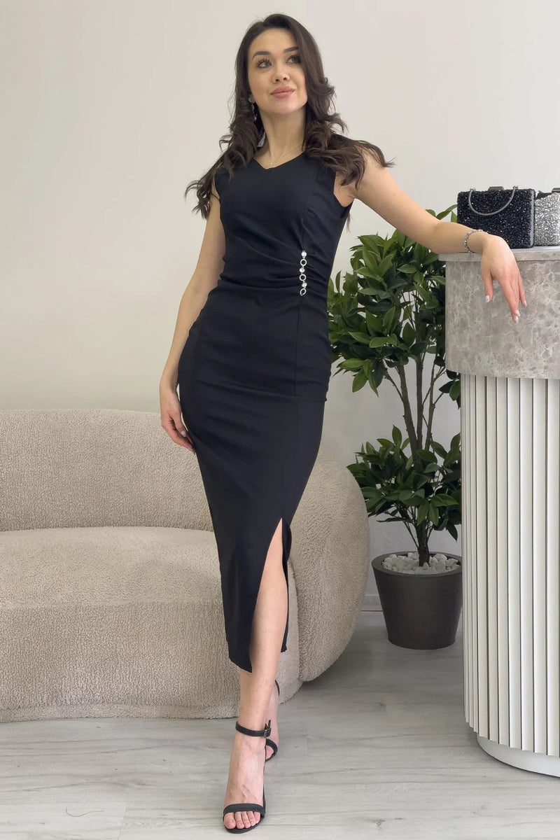 Women's Black Sleeveless Taş Detail Midi Slit Pencil Dress