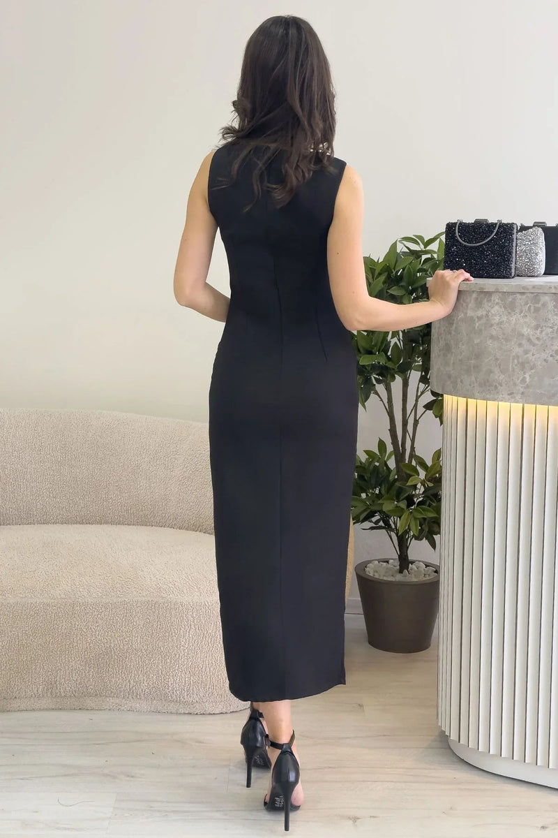 Women's Black Sleeveless Taş Detail Midi Slit Pencil Dress