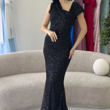 Black Sequined Fishtail Maxi Evening Dress