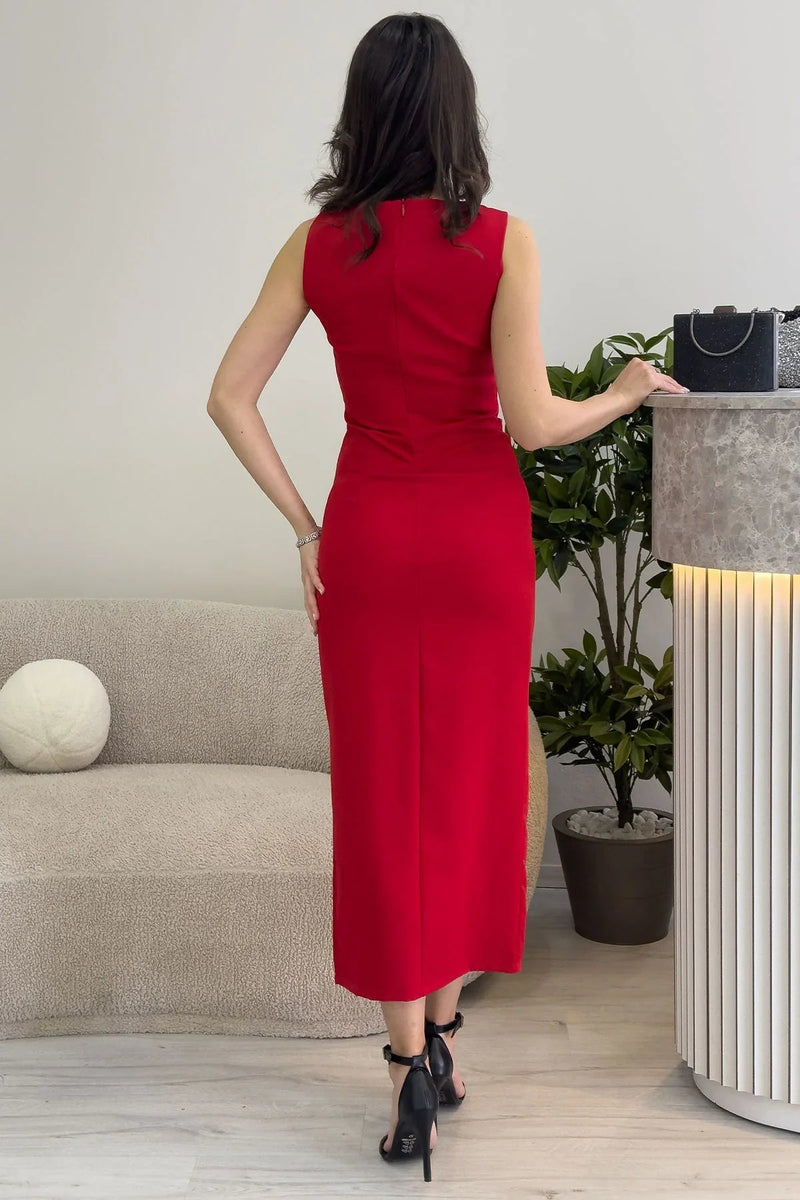 Women's Red Sleeveless Taş Detail Midi Slit Pencil Dress