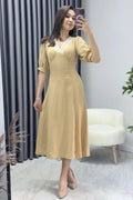 Women's Mustard Short Sleeve Midi Lace Collar Linen Dress