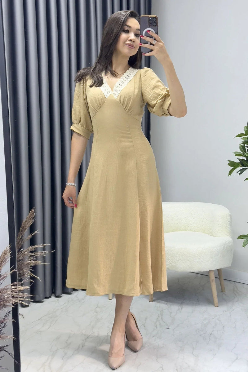 Women's Mustard Short Sleeve Midi Güpür Neck Keten Dress