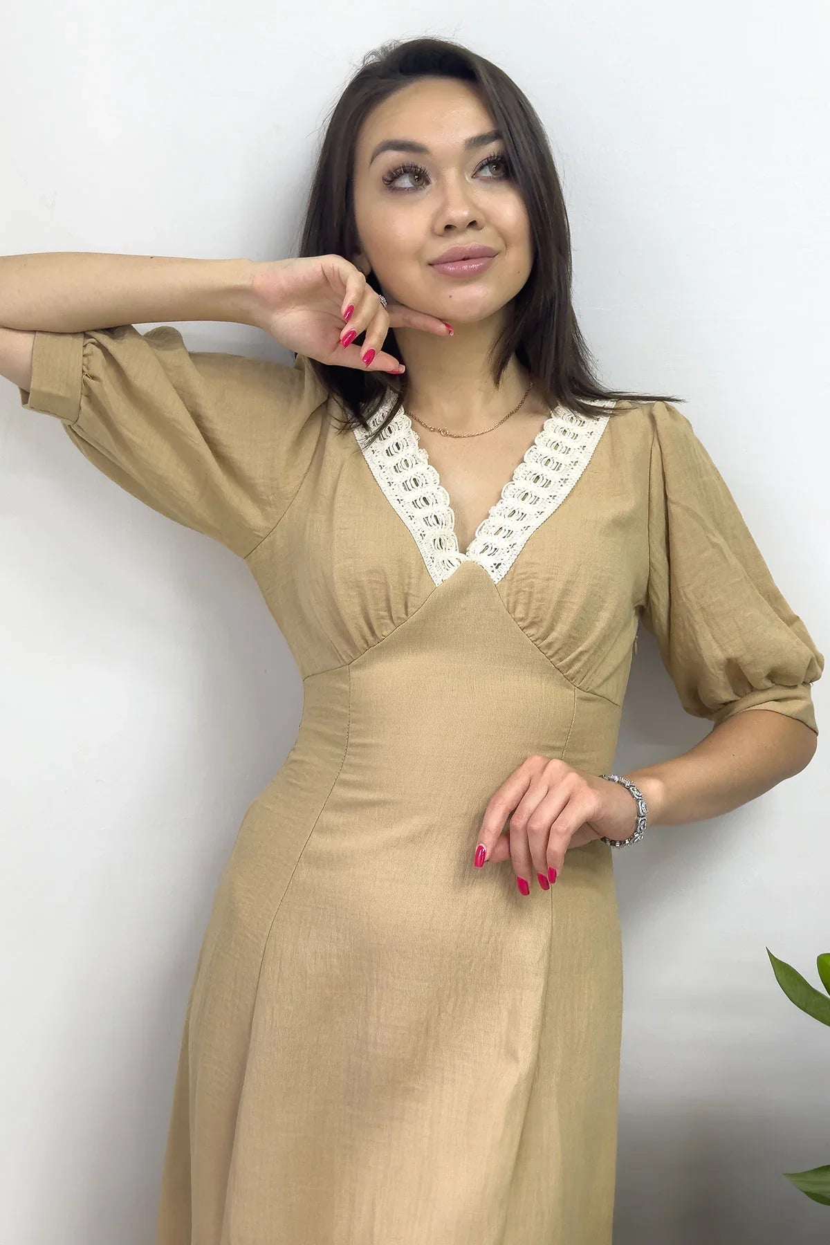 Women's Mustard Short Sleeve Midi Güpür Neck Keten Dress