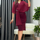 Burgundy Crystal Embellished Volan Sleeve Glitter Evening Dress