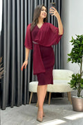 Burgundy Crystal Embellished Volan Sleeve Glitter Evening Dress