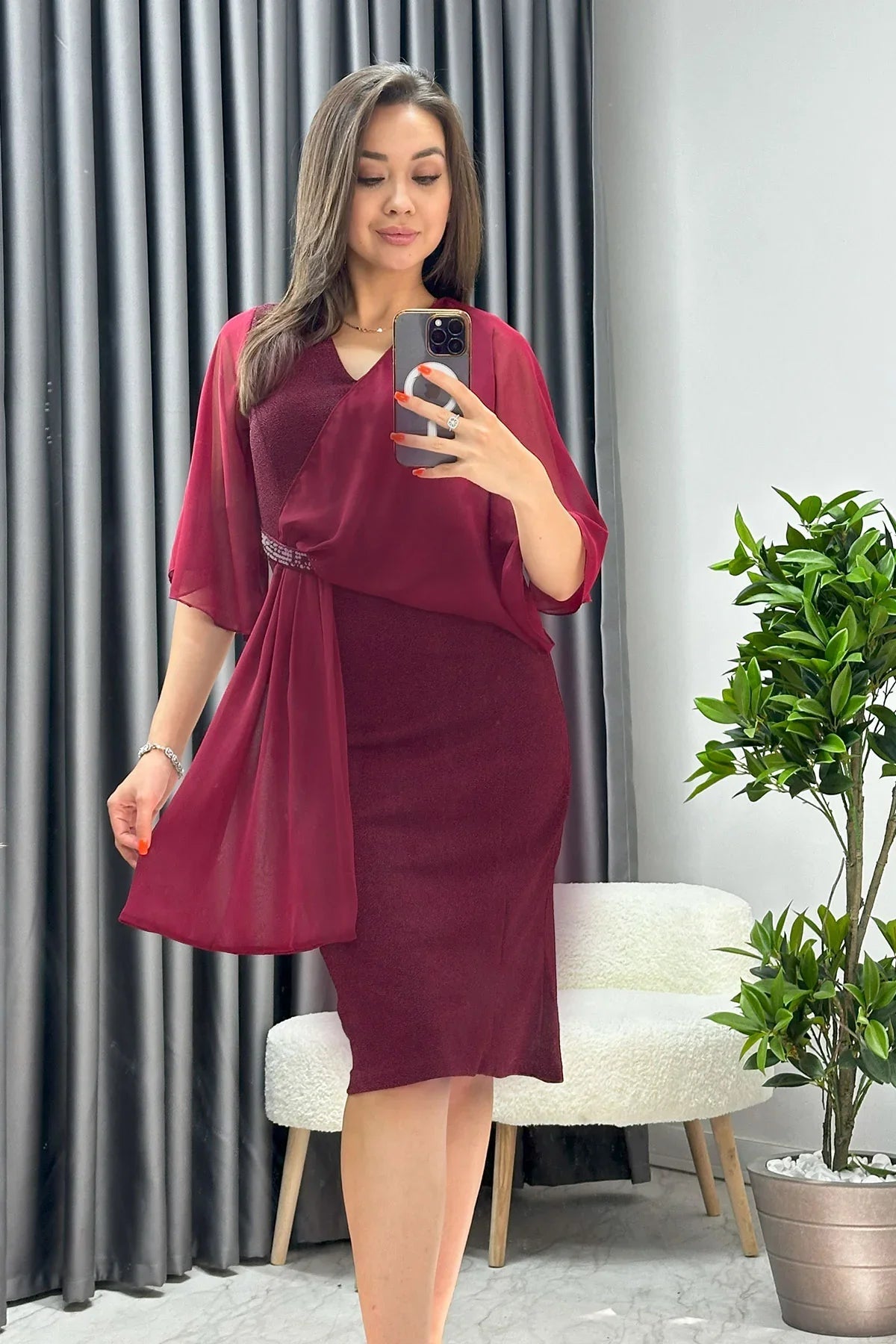 Women's Burgundy Crystal Embellished Volan Sleeve Glitter Evening Gown