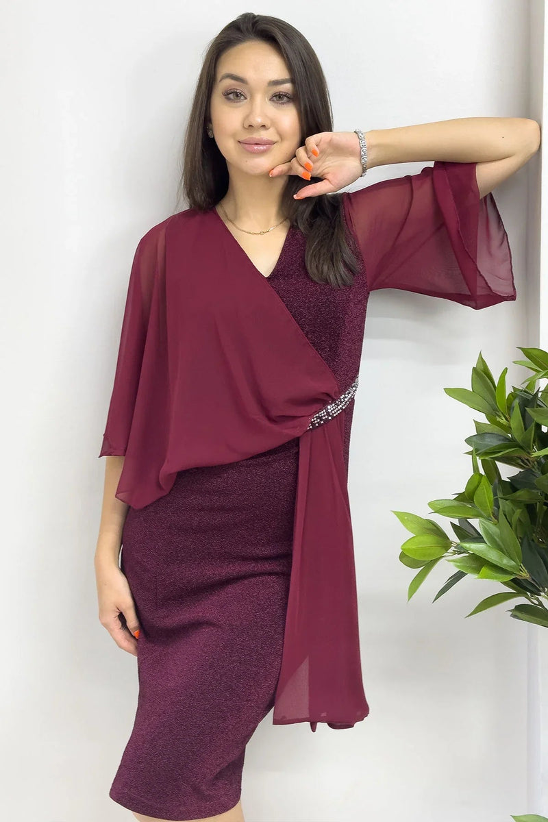 Women's Burgundy Crystal Embellished Volan Sleeve Glitter Evening Gown