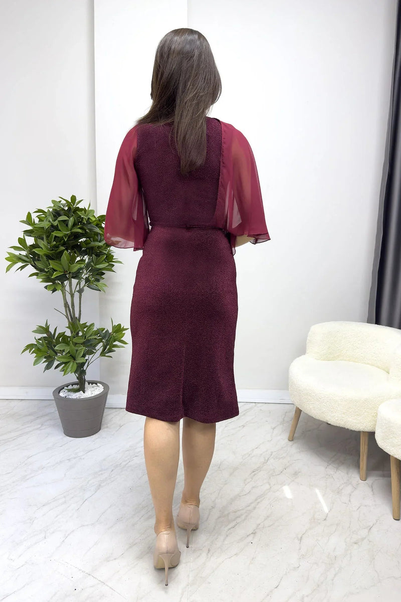 Women's Burgundy Crystal Embellished Volan Sleeve Glitter Evening Gown