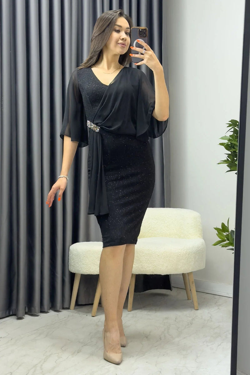 Women's Black Crystal Embellished Volan Sleeve Glitter Evening Gown