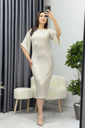 Beige Midi Sequin Evening Dress