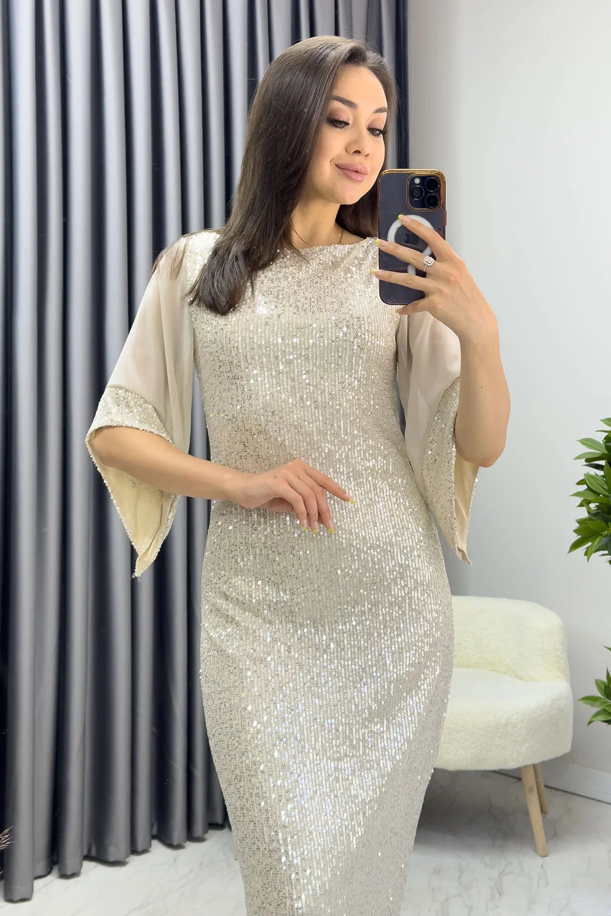 Women's Beige Midi Sequin Chiffon Tasarım Half Sleeve Plus Size Evening Gown