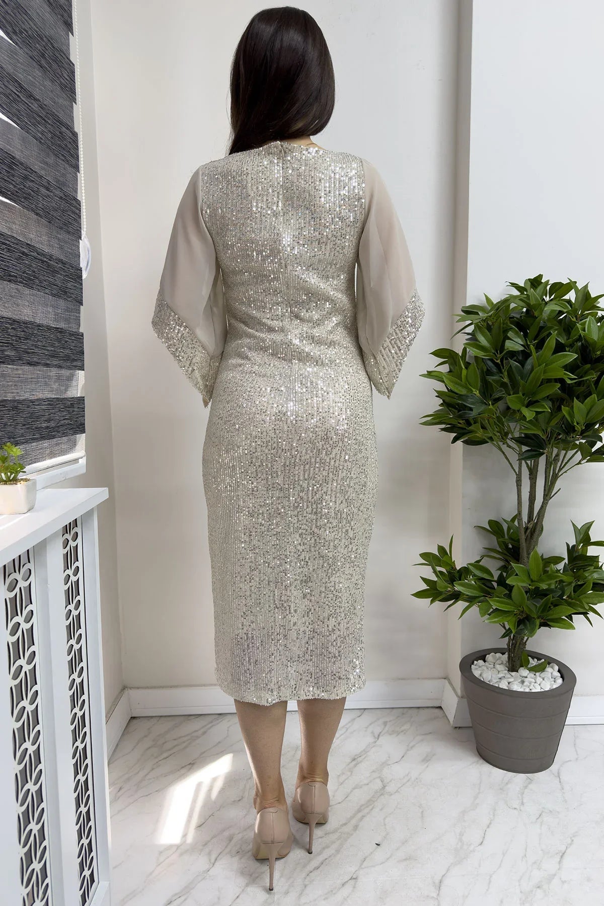 Women's Beige Midi Sequin Chiffon Tasarım Half Sleeve Plus Size Evening Gown