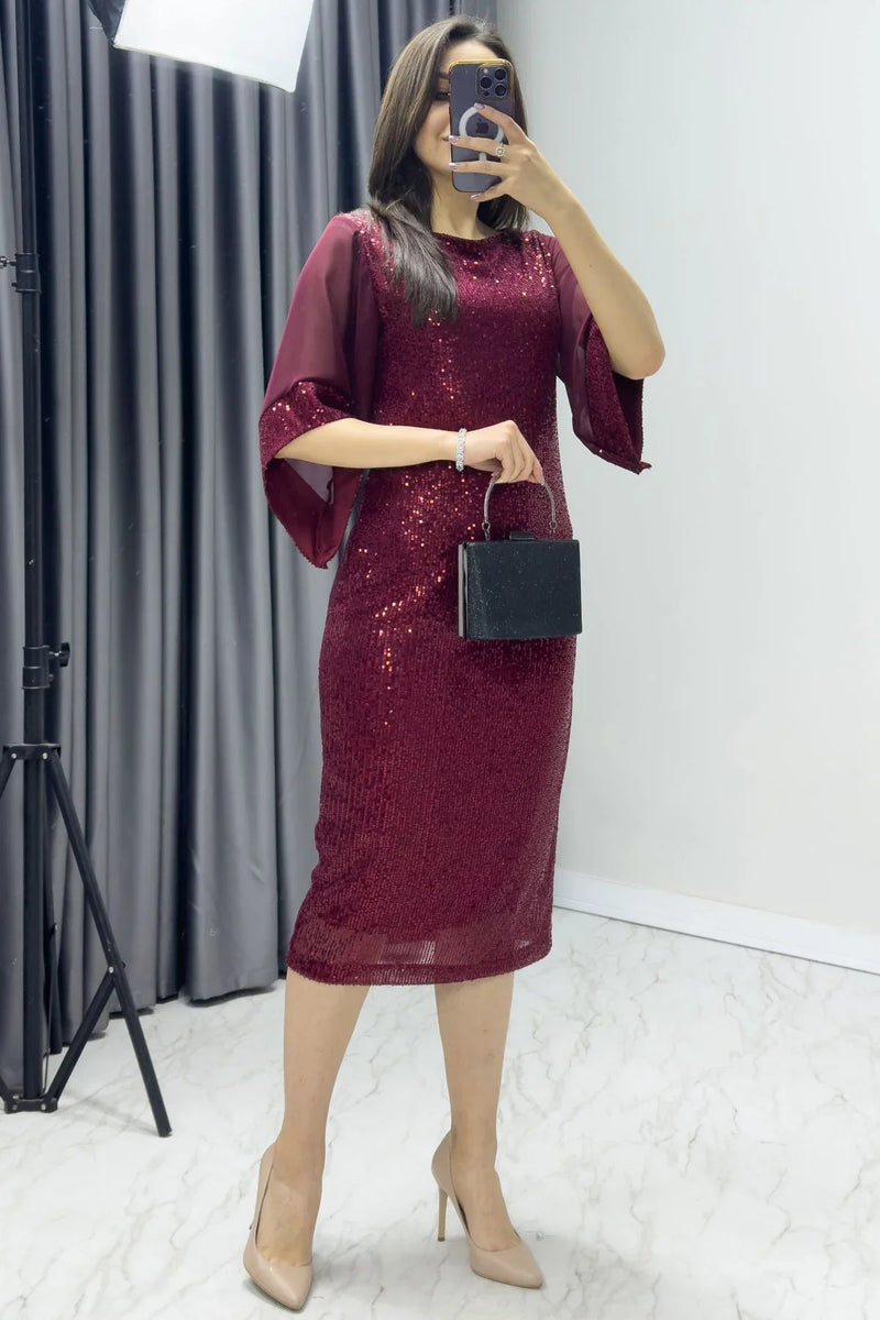Women's Burgundy Midi Sequin Chiffon Tasarım Half Sleeve Plus Size Evening Gown