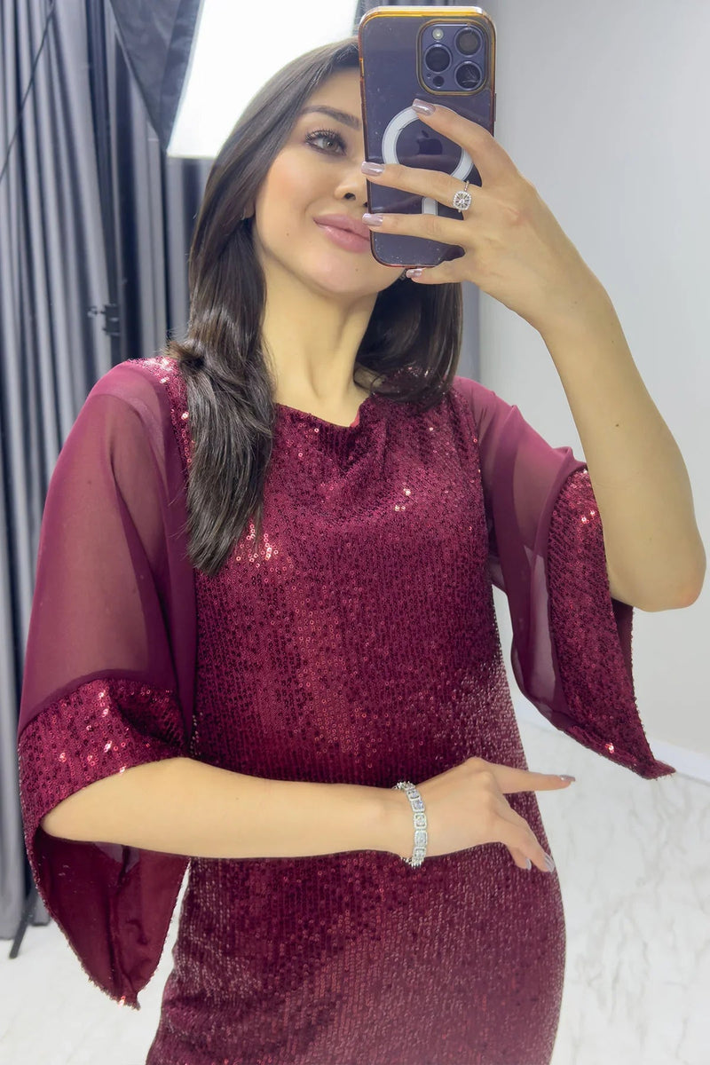 Women's Burgundy Midi Sequin Chiffon Tasarım Half Sleeve Plus Size Evening Gown