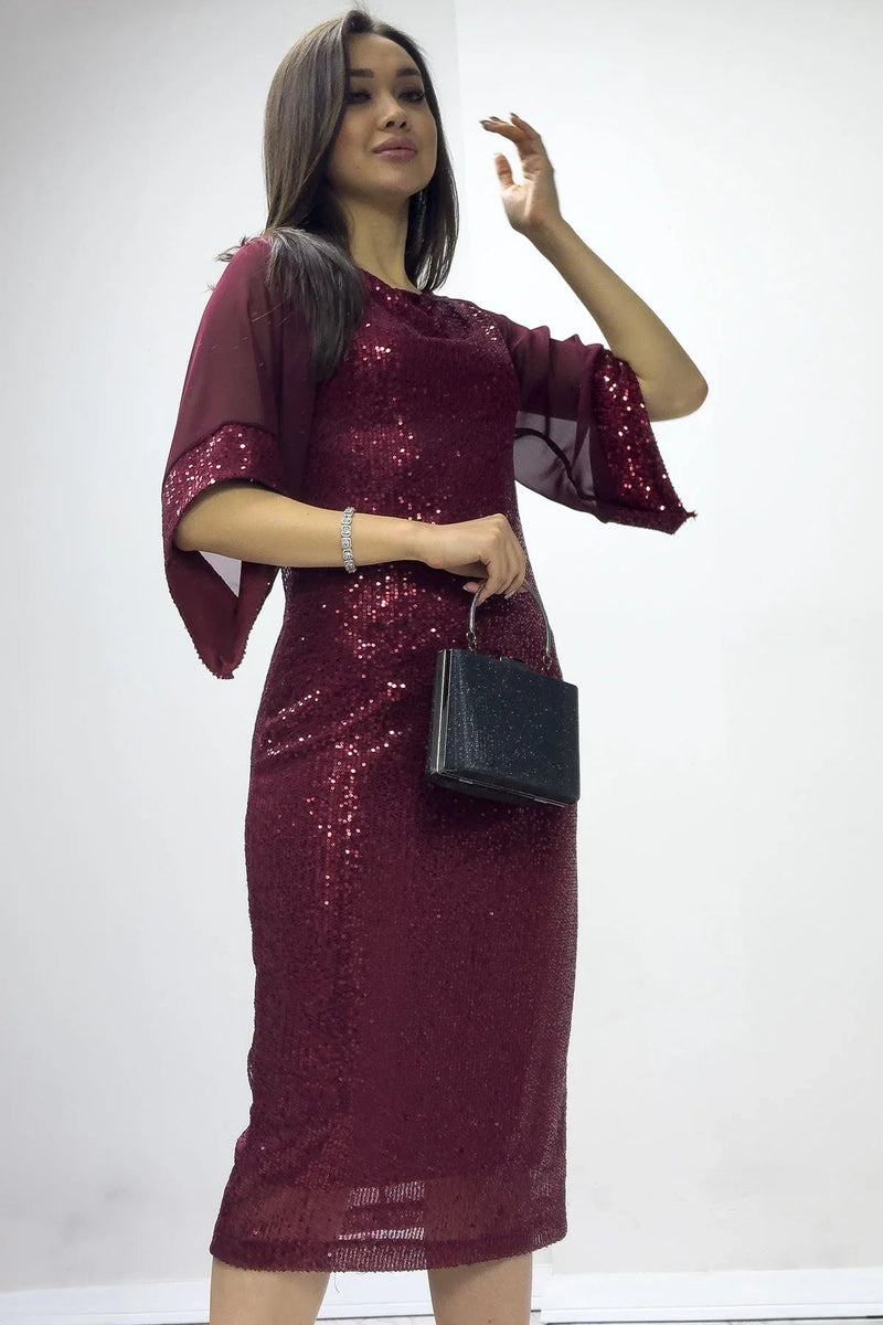 Women's Burgundy Midi Sequin Chiffon Tasarım Half Sleeve Plus Size Evening Gown