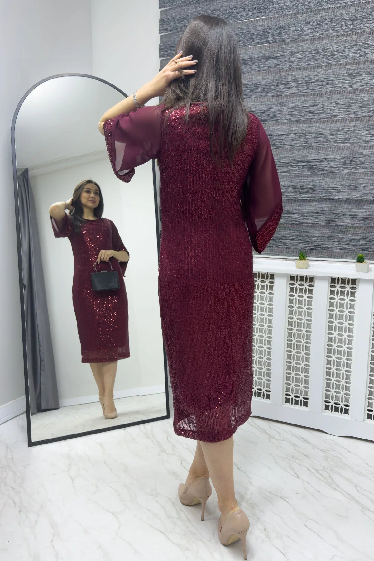 Women's Burgundy Midi Sequin Chiffon Tasarım Half Sleeve Plus Size Evening Gown