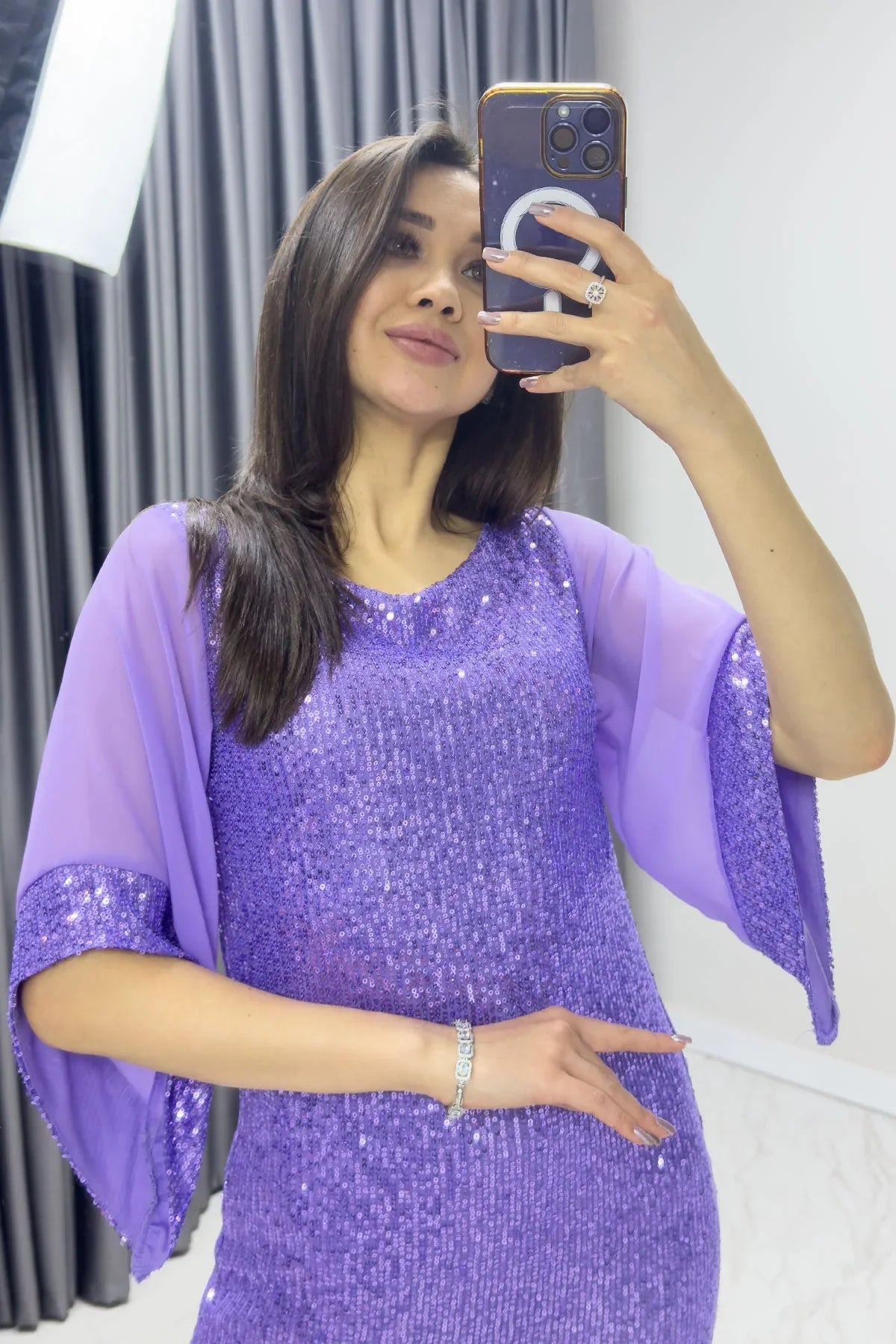 Women's Lilac Midi Sequin Chiffon Tasarım Half Sleeve Plus Size Evening Gown