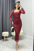Burgundy Square Neck Glittery Midi-Lenght Evening Dress