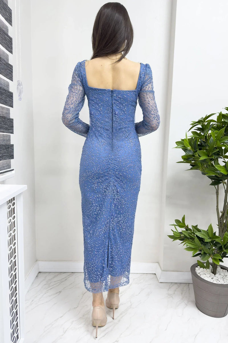 Women's Indigo Square Neck Glitter Midi Pencil Evening Gown Yeni Desen