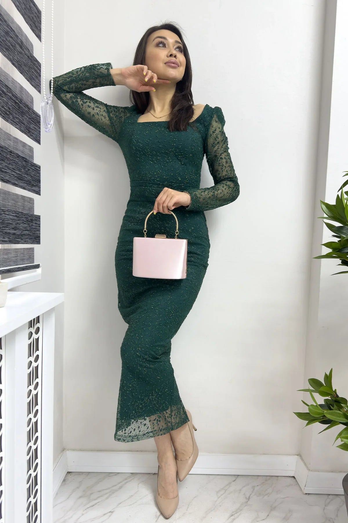 Women's Emerald Green Square Neck Glitter Midi Pencil Yeni Desen Evening Gown