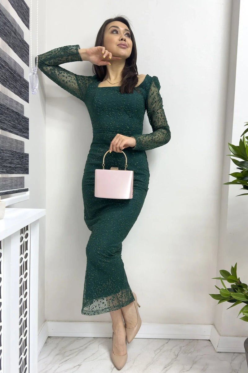 Women's Emerald Green Square Neck Glitter Midi Pencil Yeni Desen Evening Gown