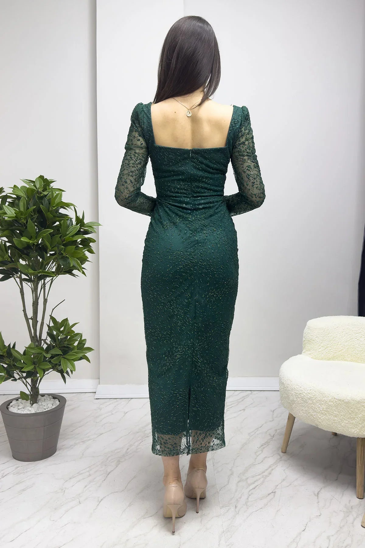 Women's Emerald Green Square Neck Glitter Midi Pencil Yeni Desen Evening Gown