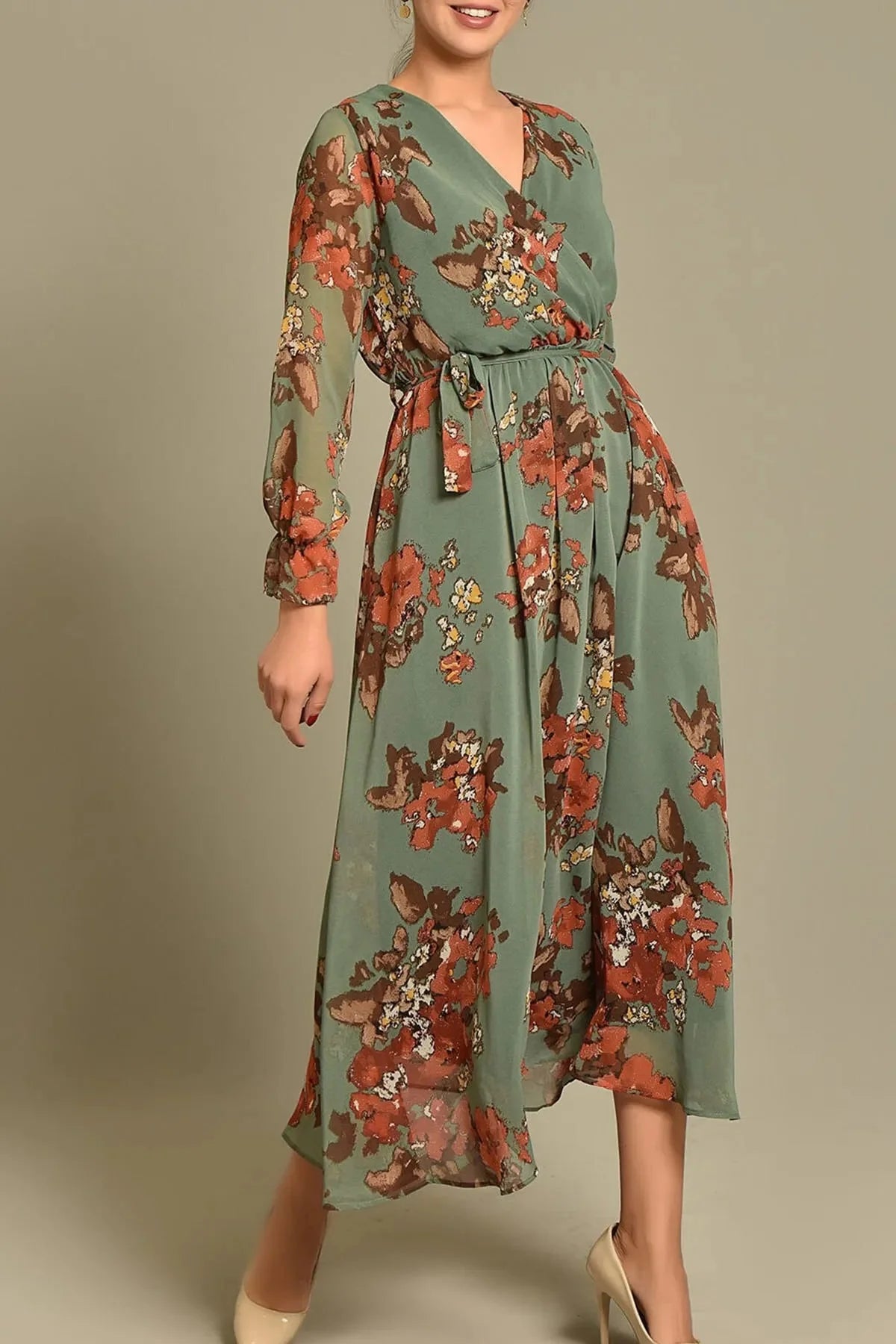 Women's Green Çiçek Patterned Wrap Neck Chiffon Plus Size Dress