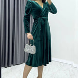 Emerald Green Midi Length Velvet Dress