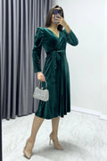 Emerald Green Midi Length Velvet Dress