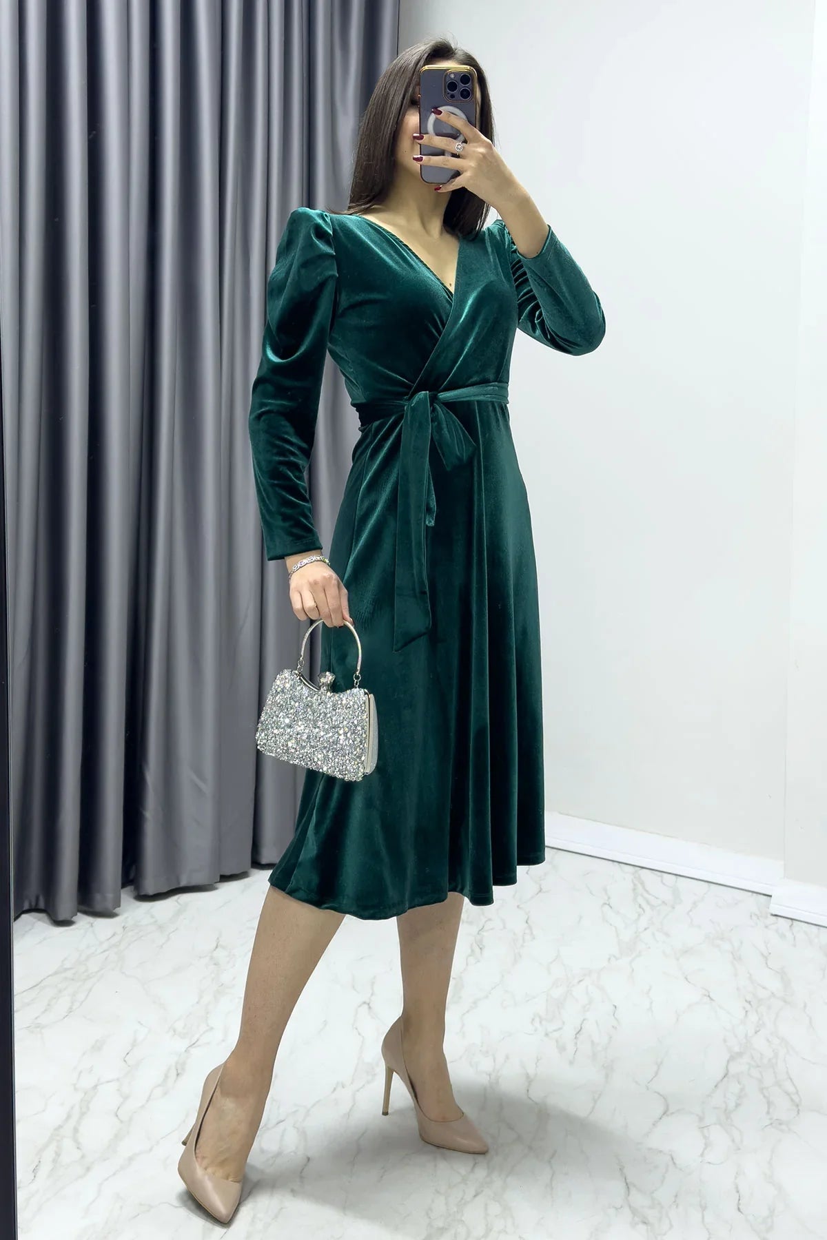 Women's Emerald Green Karpuz Sleeve Wrap Velvet Belted Plus Size Dress