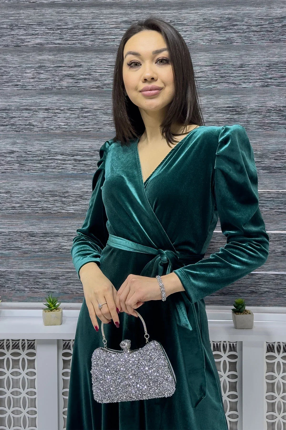 Women's Emerald Green Karpuz Sleeve Wrap Velvet Belted Plus Size Dress