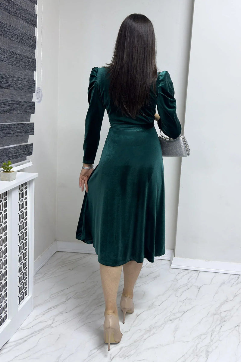 Women's Emerald Green Karpuz Sleeve Wrap Velvet Belted Plus Size Dress