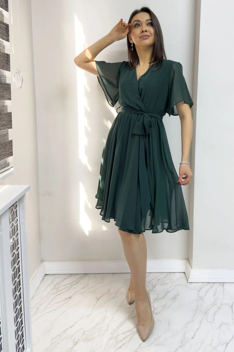 Women's Emerald Green Flared Half Sleeve Plus Size Chiffon Dress