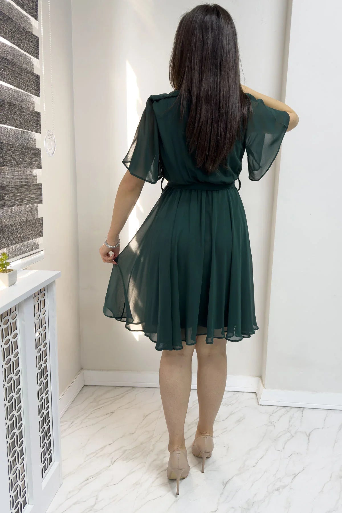 Women's Emerald Green Flared Half Sleeve Plus Size Chiffon Dress