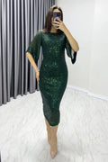 Emerald Green Midi Sequin Evening Dress