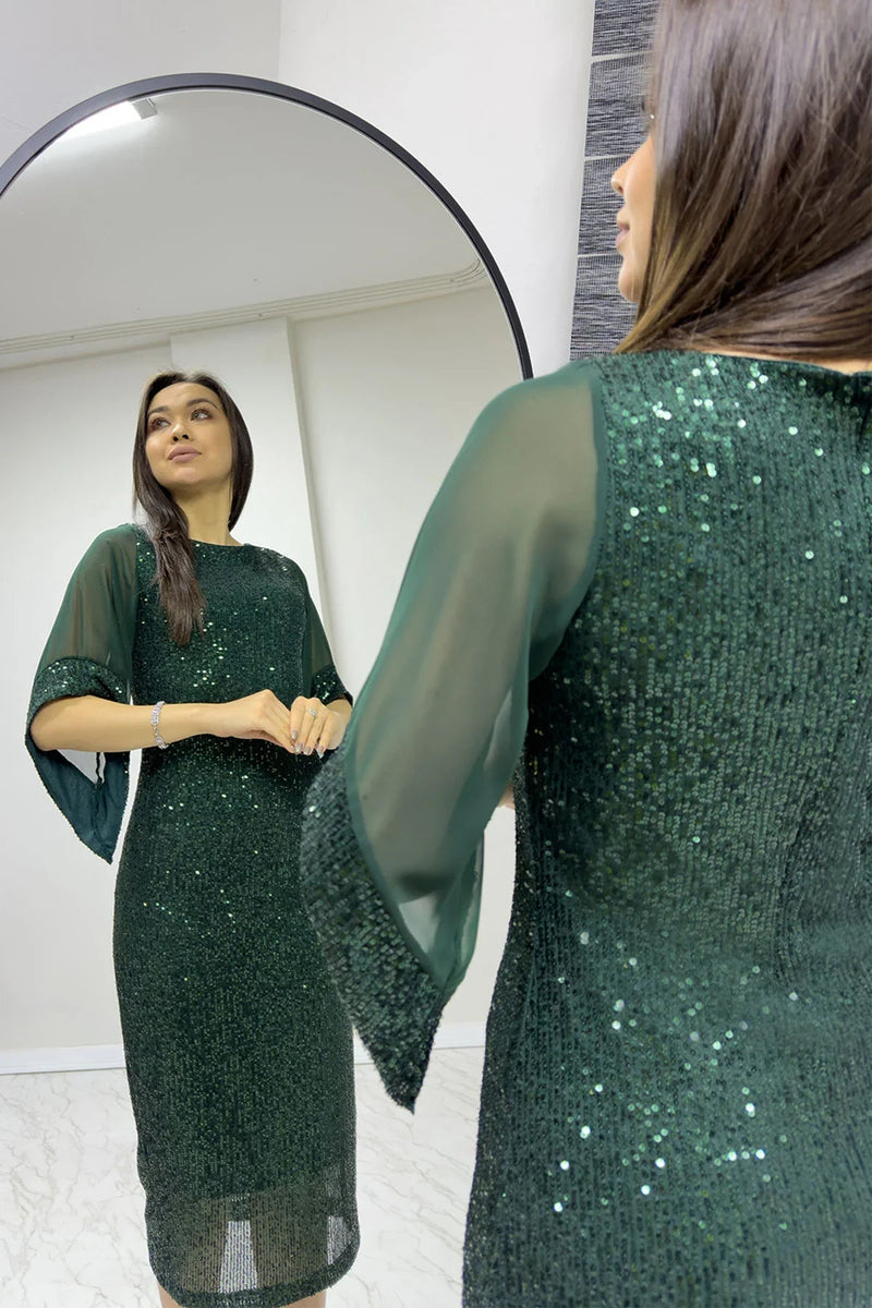 Emerald Green Midi Sequin Evening Dress