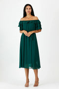 Emerald Green Ruffled Madonna Collar Plus Size Chiffon Dress