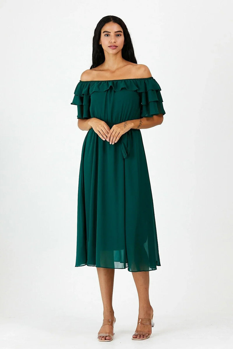 Women's Emerald Green Ruffled Madonna Collar Plus Size Chiffon Dress
