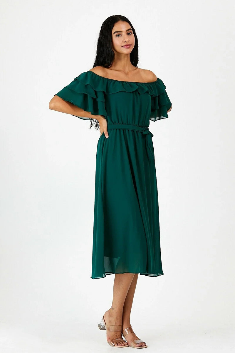 Women's Emerald Green Ruffled Madonna Collar Plus Size Chiffon Dress
