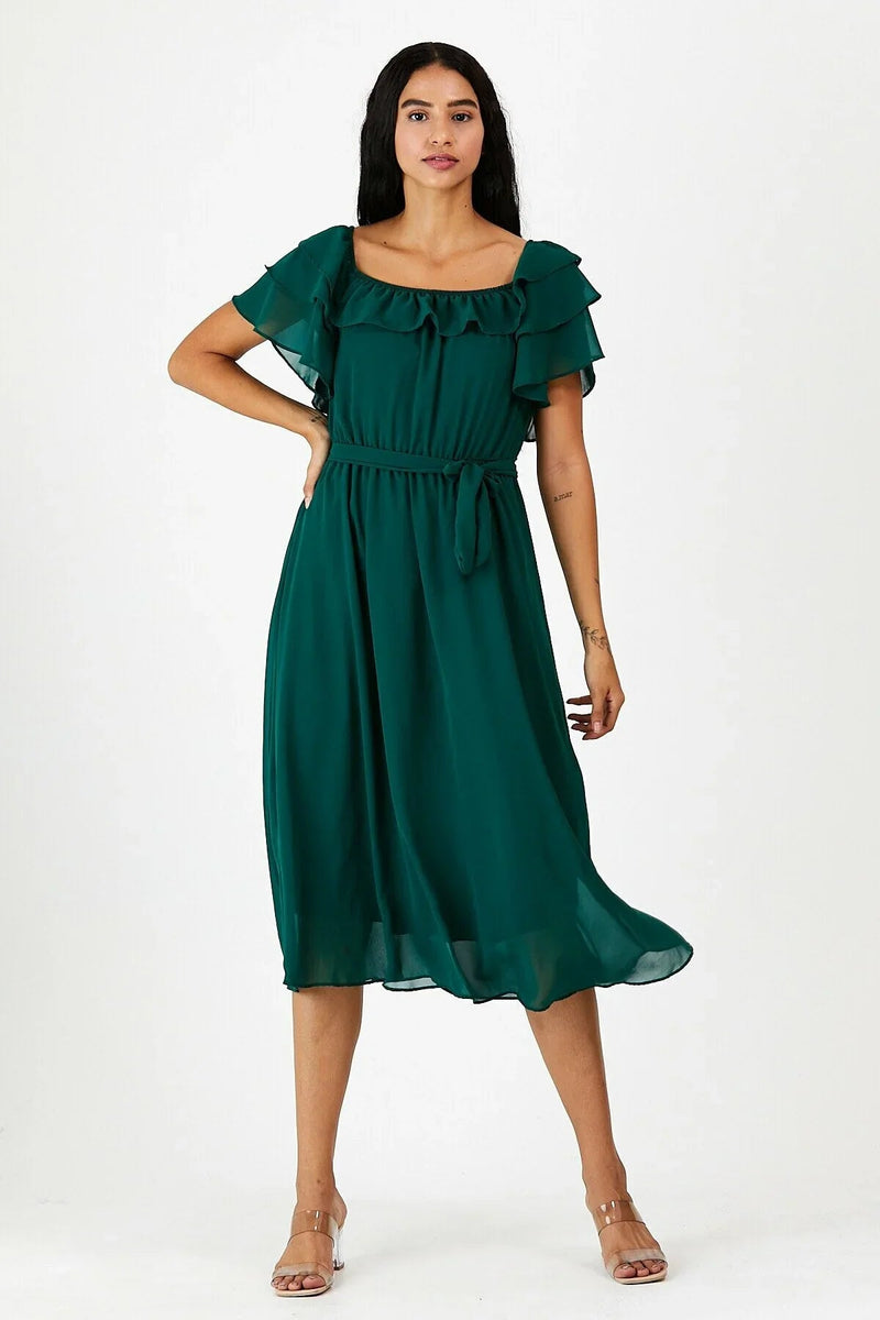 Women's Emerald Green Ruffled Madonna Collar Plus Size Chiffon Dress