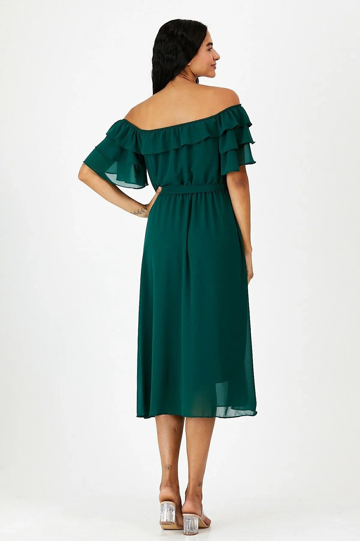 Women's Emerald Green Ruffled Madonna Collar Plus Size Chiffon Dress