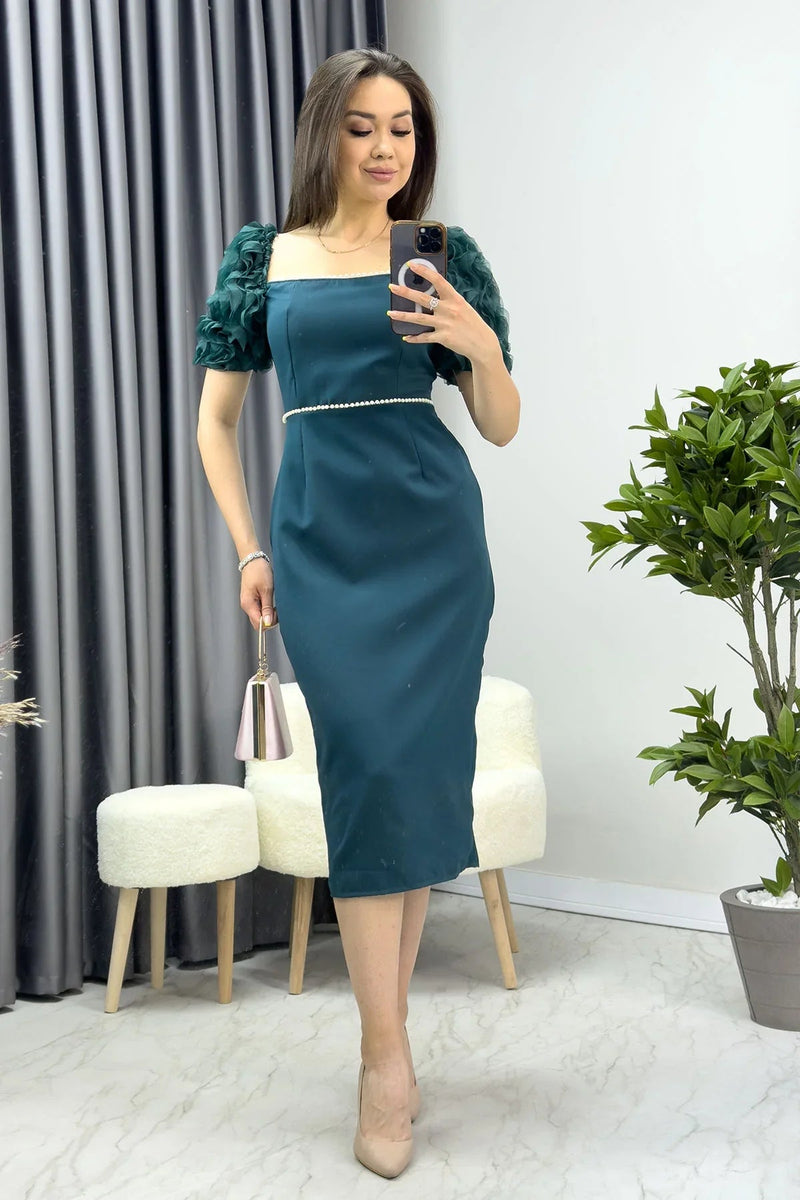 Women's Emerald Green İnci detay Pencil Prenses Sleeve Tasarım Dress