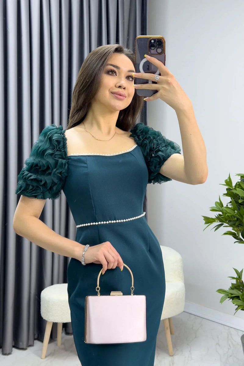 Women's Emerald Green İnci detay Pencil Prenses Sleeve Tasarım Dress