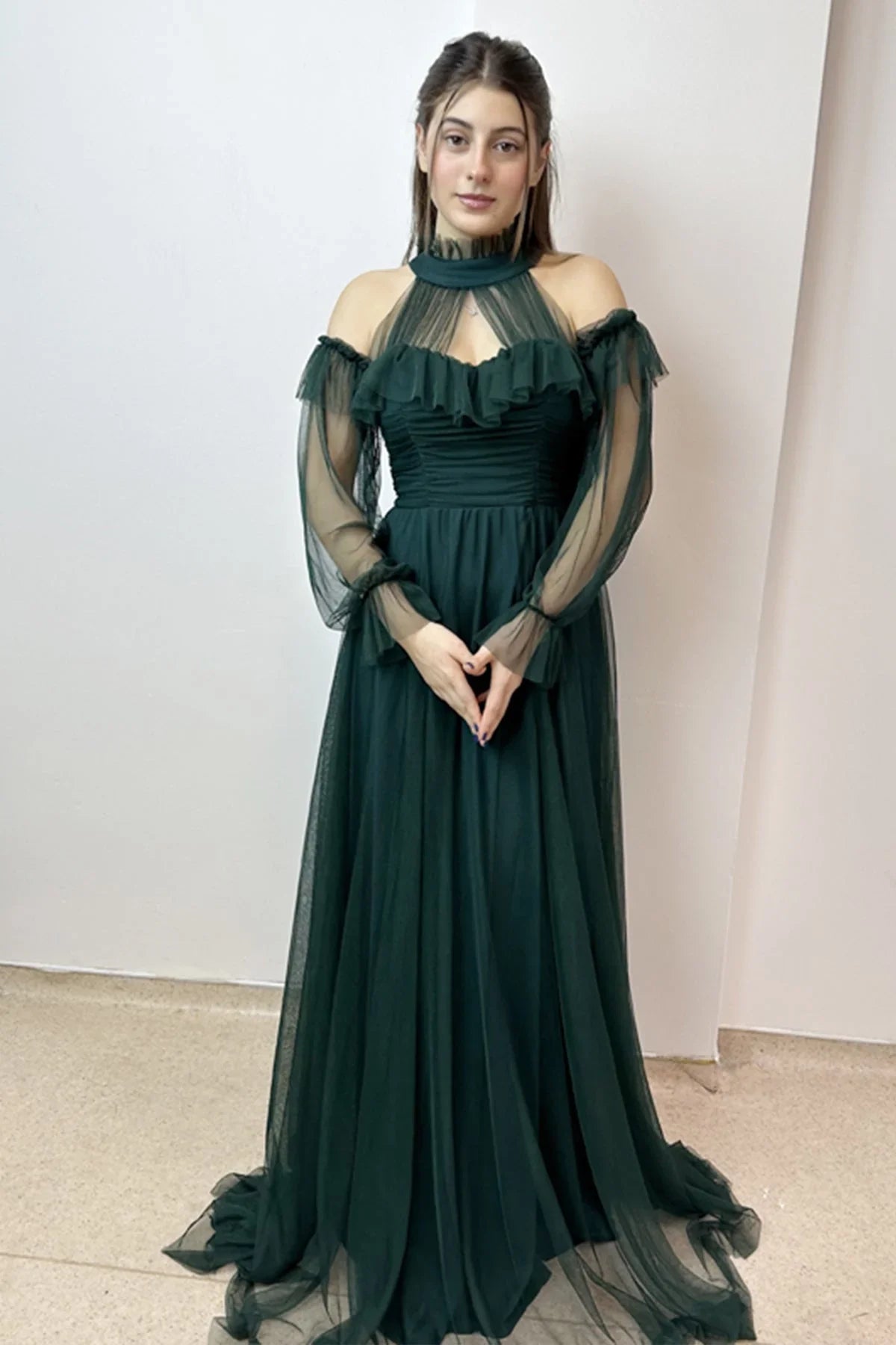 Women's Emerald Green Tulle Draped Plus Size Evening Gown