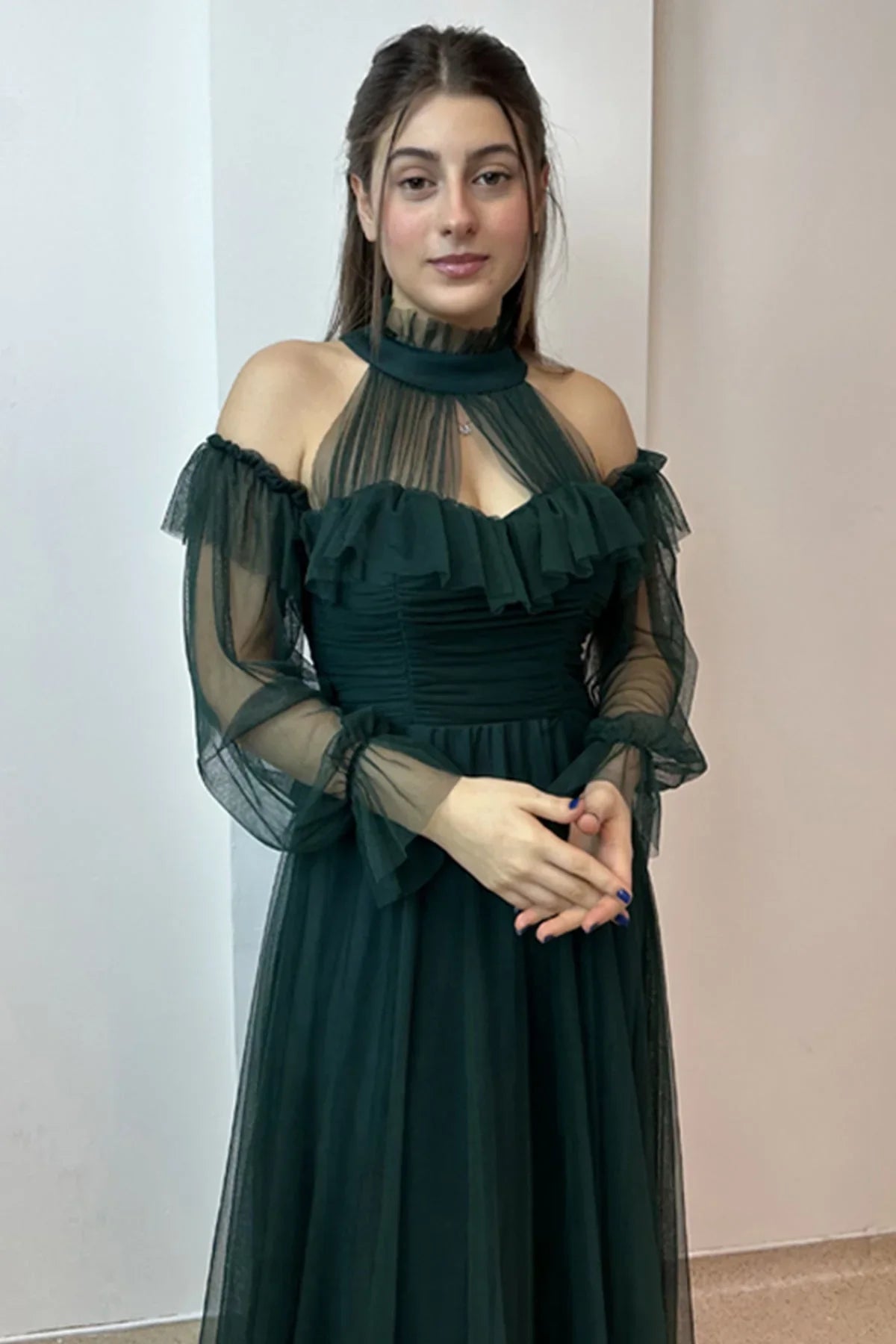 Women's Emerald Green Tulle Draped Plus Size Evening Gown