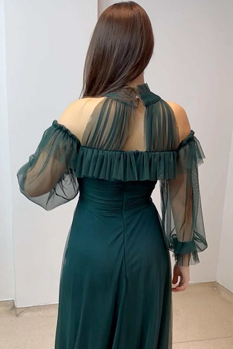 Women's Emerald Green Tulle Draped Plus Size Evening Gown